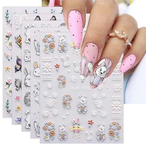 JMEOWIO 6 Blatt 3D Nagelsticker Ostern Nail Art Sticker Selbstklebend Nagelaufkleber 5D Stereoskopisch Süßer Hase Ei Dekoration Nageldesign Zubehör