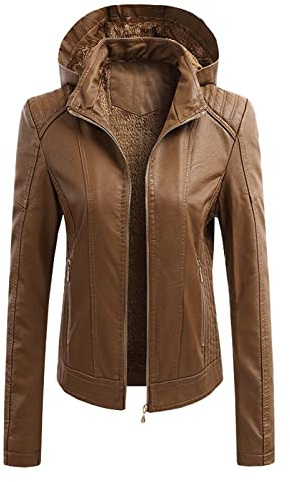 Giacca invernale da donna in vera pelle con cappuccio, Softshell, lunga, impermeabile, in pile, calda, sottile, rossa, a maniche lunghe, da motociclista, Marrone, M