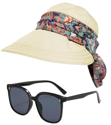 HDGSAFD Sombrero de Sol para Mujer con Protección UV - Plegable con Protección para el Cuello - Gafas de Sol - Beige, S/M