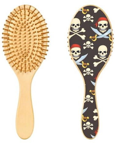 Wooden Hair Brush, Pirate Skull Knife Bone Pirate Hairbrush for Long Short Curly Thick Thin Hair,Women Men Boys Girls Hair Brush