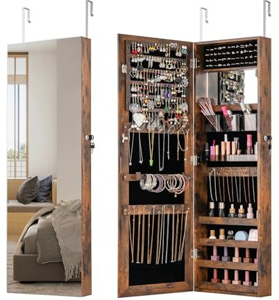 COSTWAY Jewellery Cabinet, Door Hanging/Wall Mounted Jewelry Armoire with Full Length Mirror, Inner Makeup Mirror and Large Storage, Bedroom Lockable Cosmetics Jewellery Organiser Unit (Rustic Brown)