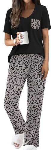 Famulily Ladies Leisure Wear Sets for Women UK Womens Pajama Sets Summer Lounge Set 2 Pack Matching Clothing Sets Leopard M