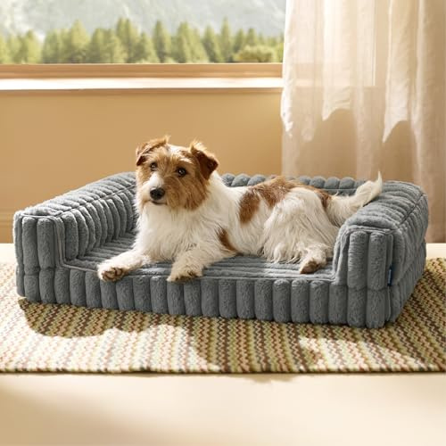 Bedsure Orthopedic Dog Beds Medium - 76x51x16.5cm Waterproof Memory Foam Dog Sofa with Sides, Non-Slip Bottom and Egg-Crate Foam Pet Couch Sofa with Washable Removable Corduroy Cover, grey