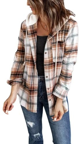 LACOZY Womens Flannel Shirts Hoodie Long Sleeve Drawstring Button Down Casual Boyfriend Shirt Brown L