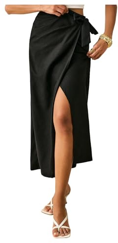 Milumia Women's Linen Knot Side Wrap Skirt Casual High Waisted Midi Skirts Black Small
