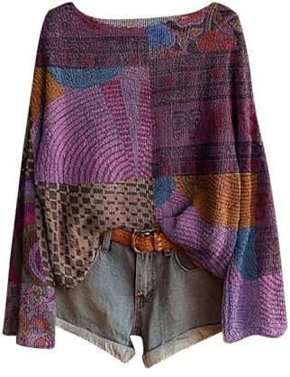 Pulls, Gilets Et Sweats Femme Vintage Imprimé Floral Bohème Pull Over Tricoté Chic Col Rond Manche Longue Sweater Tops À Motif Hauts Grande Taille Pas Cher Vetement Femme Automne Hiver