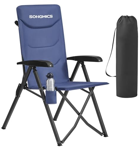 SONGMICS Silla de Camping para Adultos, Reclinable 95°-150°, Plegable, Respaldo Alto Ajustable, con Portavasos y Bolsa con Correa para el Hombro, Jardín, Pícnic, Pesca, Azul GCB015QZ01