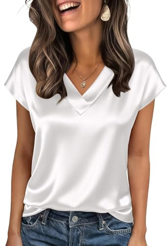 OLIPHEE Tshirt Seta Donna Elegante con Scollo a V Manica Corta Satin Blusa Donna Estiva Primavera Camica in Raso Loose Business Top da Ufficio in Tinta Unita