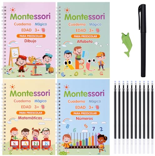 Larcenciel Cuadernos Reutilizables Caligrafia Español para Niños, 4 Libros Cuaderno Magico Caligrafia + 1 Bolígrafo + 10 Recambio, Magic Book para Aprender a Escribir Leer de Niños 3 4 5 Años, 13×19cm
