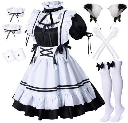 Wannsee Ensemble de tablier de servante française Lolita avec oreilles de chat poilu, gants et collants, taille L
