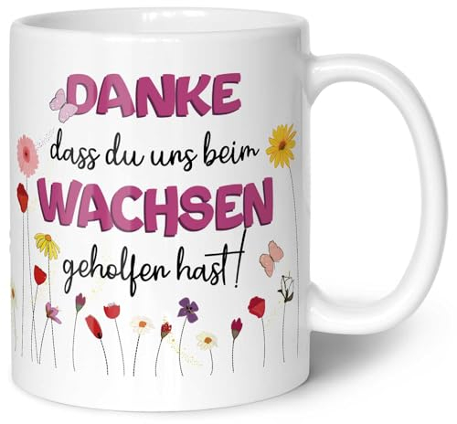 Bedruckte Tasse mit Spruch - Danke dass du uns beim Wachsen geholfen hast - Geschenk für Erzieher Lehrer zum Kindergarten Abschied - Geschenk als Dankeschön - Farbe: Blumen Rosa - & Weiß