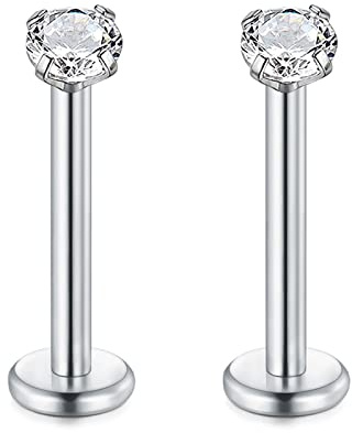 Rajnard 16G in Acciaio Chirurgico Labbro Piercing Stud Argento 10mm cartilagine Tragus Helix Orecchini Piercing Labret con 2mm Zircon Filo Interno Piercing Gioielli per Le Donne Uomini