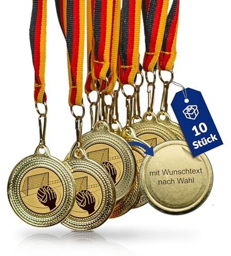 Pokal-Fabrik - Handball-Medaillen 10er Set Metall mit Wunschtext - Handballmedaille golden zum Umhängen für Siegerehrungen - Medaillen Kinder mit Deutschlandband und Emblem für Vereine & Turniere