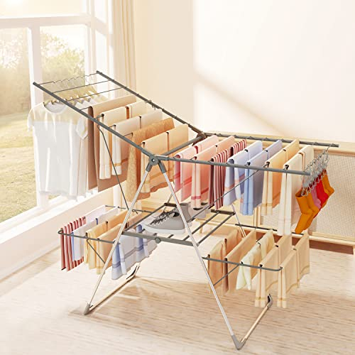 Innotic Wäscheständer Klappbar, 3 Etagen Zusammenklappbarer Flügelwäschetrockner für platzsparende Aufbewahrung, Stabil Standtrockner Wäscheturm Auch für draußen (grau)