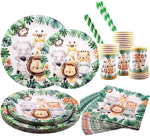 Aitsite Juego de 100 platos de papel reutilizables para fiestas de animales del bosque, para 20 invitados, vajilla de papel reutilizable con platos de papel, vasos, servilletas