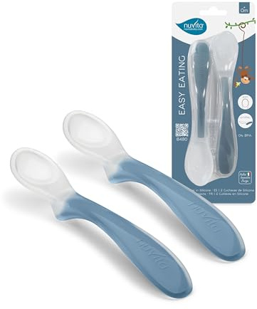 Nuvita 8480 Easy Eating - Set 2 Cucchiai in Silicone per Bambini - Cucchiaini Svezzamento Neonato Morbidi e Sicuri - Manico Ergonomico Antiscivolo - Design Igienico - Powder Blue