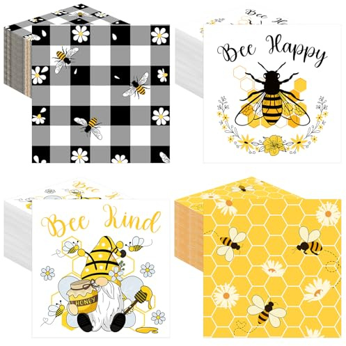 Fulmoon 200 Pieces Spring Bee Cocktail Napkins Disposable Decorative Decoupage Beverage Paper Napkins Bulk Dessert Towel for Dinner Spring Summer Tea Party