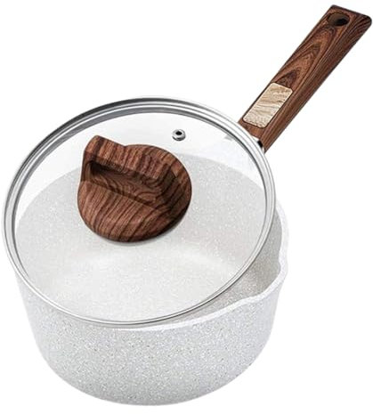 Sartén antiadherente para leche, sartén multifunción con tapa, mango de madera, color blanco, 1,3 L
