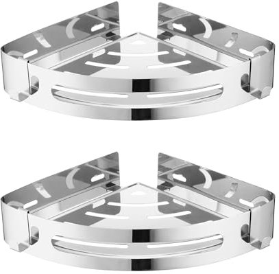 Corner Adhesive Shower Caddy 2-Pack No Drilling shower shelf SUS304 Stainless Steel Bathroom Shower Organizer with 4 Movable Hooks Shampoo Holder Wall Mounted Kitchen Rack Only for 90-Degree Corner