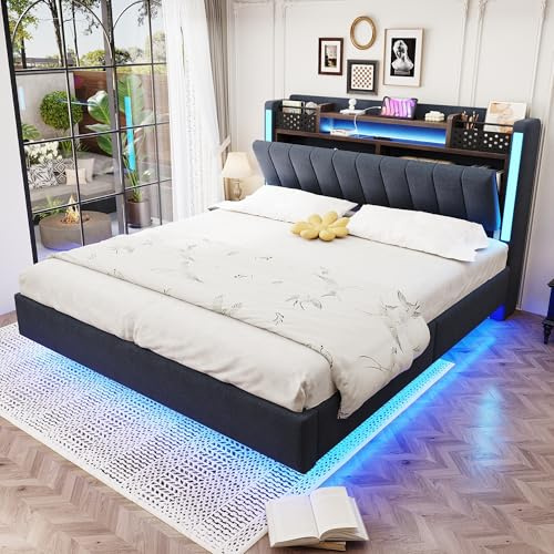 Sapgaks Lit 140x200 avec Sommier LED et USB, Lit Double 140x200 avec Rangement et Tete de Réglable, Rembourré avec à Lattes, 2 Personnes Cadre de(sans Matelas)
