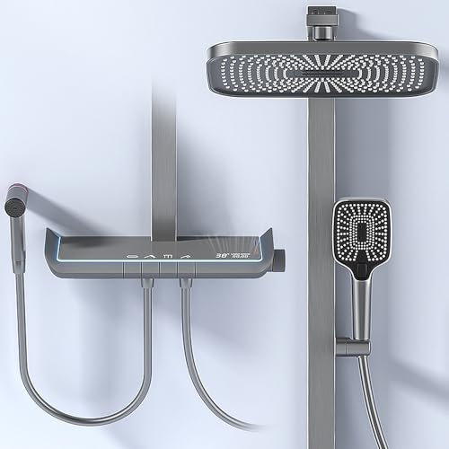 Duschsystem LED Batterielose Multifunktion, Dusche Komplett für Badzimmer Thermostat, mit Regendusche Duschkopf und Handbrause (Gunmetal Grey)