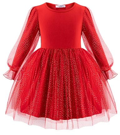 Arshiner Niñas Vestidos Tul Vestido de Manga Larga Niños Elegante Mangas Farol A-Line Vestido de Fiesta Casual Festiva Moda Otoño Invierno Vestido para Niñas 2-3 Años Rojo