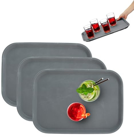 Relaxdays Vassoio Antiscivolo, Set 3 Piatti da Portata, LxP: 35x25 cm, Servizio Ristorante, Bar, Cucina e Casa, Grigio, Gomma