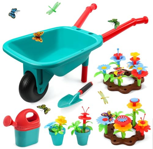 cute stone Gartenwerkzeug-Set für Kinder, Gartenspielzeug mit Schubkarre, Gießkanne, Schaufel, Blumengarten-Bauspielzeug, Rollenspiel für draußen und drinnen