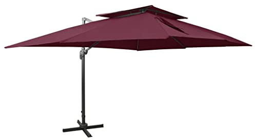 vidaXL Cantilever Garden Parasol - Bordeaux Red Outdoor Umbrella/Patio Sunshade with UV- Polyester Canopy, 360-Degree Rotation, Crank Lift, Double Top
