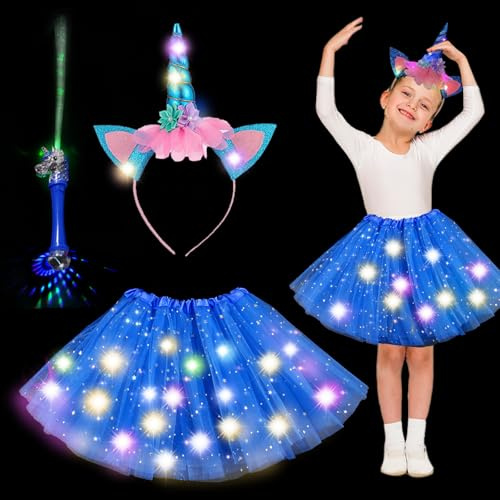 YOUYIKE Robe Tutu Princesse Fille Lot de 3 Serre-Tête Licorne Coloré, Illuminé, Fête d’Anniversaire, Déguisement Carnaval