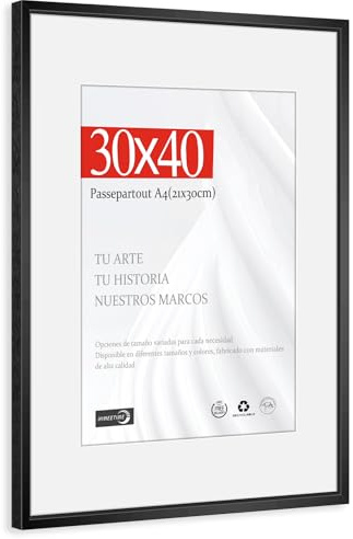 HIMEETIME® 1x Marco de Fotos 30x40cm Aluminio Metálico Cepillado Negro，Passepartout 21x30cm，Marco Medianon 30x40 Certificados y Diplomas，Solo para Montaje en Pared