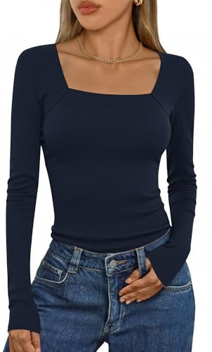 Aottori Maglia Donna Maniche Lunghe Scollo Quadrato Magliatta Elegante Coste Tee Shirt Elasticizzato Aderente T Shirt Slim Fit Basic Top Leggera Casual Marrone L Blu Marino M