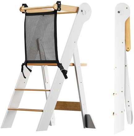 COSYLAND Torre de Aprendizaje Montessori Plegable – Altura Ajustable en 2 Niveles, para Niños de 18 Meses a 6 Años, Ideal para Cocina, Baño y Habitación Infantil - Blanco y Natural