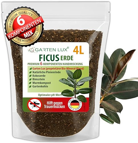 Garten Lux Ficus Terre 4 l – Terreau spécial 6 en 1 sans tourbe – Contre les sciarides – Pour Ficus Benjamina, Elastica, Lyrata, Pumila, Carica, Microcarpa, Alii, Benghalensis et plus encore