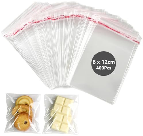 Realjoy 400 Bolsas de Celofán Transparentes, 8×12cm con Cierre Automático, Bolsas para Galletas y Dulces. Bolsas OPP Transparentes Autoadhesivas, Pequeñas Bolsas para Galletas, Caramelos y Dulces