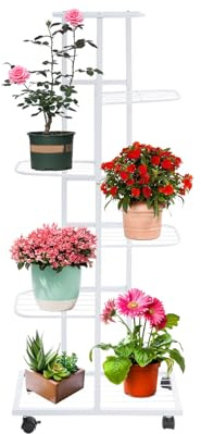 Supporto per piante a 6 livelli in metallo con ruote, altezza 112 cm, per fiori ed erbe, con 4 ruote girevoli e freni, scaffale per piante per soggiorno, balcone, serra (bianco)