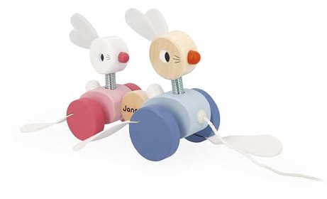 Janod - Lapins à Promener en Bois - Pattes en Similicuir pour Effet Bruité + Ficelle 50cm - Jouet à Tirer - Jouets d'Eveil et Premier Age - Apprentissage Motricité et Imagination - Dès 12 Mois