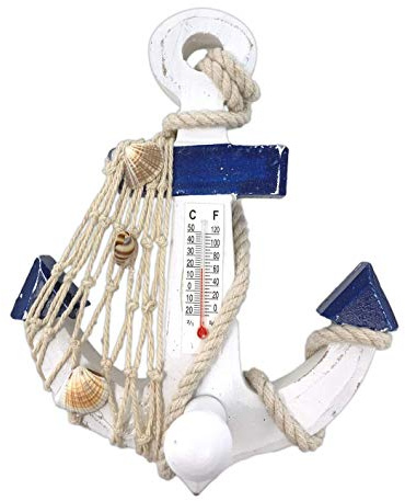 Anchor Wall Thermometer with Hanging Knob – Nautical Indoor Outdoor Temperature Gauge for Beach House, Lake House, Coastal Home, Patio, Porch & Cabin Décor – 5.875 H x 4.75 W