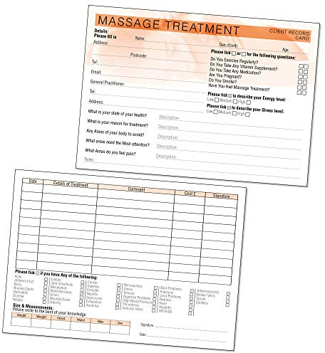 Tarjeta de registro de cliente de masaje - Formulario de consulta de tratamiento para terapeutas móviles y salones A5 paquete de 50 - Paisaje