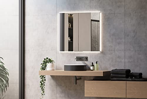Bernstein LED Einbau-Spiegelschrank UP7012 80 cm aus Aluminium mit dimmbarer LED-Beleuchtung, Sensorschalter, Doppelsteckdose und verspiegelten Türen zur Unterputzmontage