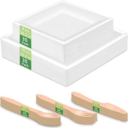 HOMURG Pappteller Eckig und Holz Besteck 30 Set, Robust Partygeschirr mit Einwegteller und Einwegbesteck 150 Stück, Eckige Partyteller Geburtstagsteller Weihnachtsteller mit Besteckset für 30 Personen