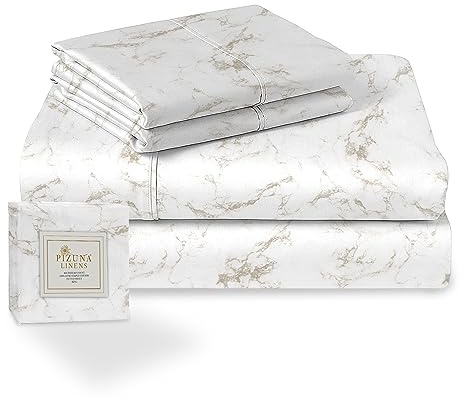 Pizuna Cotton Taupe Printed King Size Bed Sheet Set 400 Thread Count | Carrara Marble 100% Long Staple Cotton Bedding Sateen Sheets Includes 1 Fitted Sheet 2 Pillowcase
