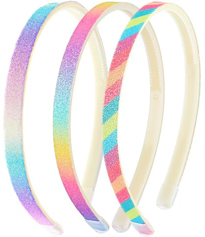 WLLHYF 3pcs Glitter Headband Non Slip Head Bands with Teeth, Rainbow color | Plastic, Cute, Sparkly, Colorful Confetti, Rainbow Bling, Sweet, Hard Hairbands, Little Girl Hair Accessories