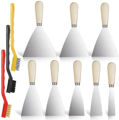Samulee Lot de 11 Grattoirs à Peinture Spatule Enduit, 8 pièces Couteau à Enduire + 3 pièces Brosse métallique, Spatules en Acier Inoxydable pour le Bricolage et les Travaux de Rénovation