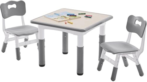 DOREROOM Kids Table and 2 Chairs Set, Height-Adjustable Toddler Table and Chairs Set with Graffiti Desktop, 23.6''L x 23.6''W Children Activity Table for Daycare, Classroom, Home, Grey-w