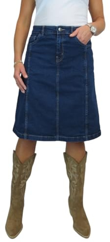 Paulo Due Women's A Line Denim Skirt Ladies Knee Length Flared Jeans Skirt Panelled Dark Blue Indigo 10-22 (14)