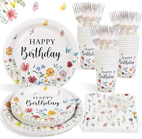 Heboland Pappteller Blumen Set für 25 Gäste, 125pcs wiederverwendbare Geburtstagsdeko Blumen Partygeschirr für Geburtstags Deko