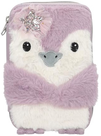 Depesche 13158 Princess Mimi Penguin - Gefüllte 2-Fach Federtasche in Flieder und Creme, mit Pinguin Motiv und Plüschfell, Federmappe mit Buntstiften, Lineal, Schere uvm.