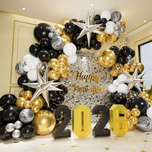 Black and Gold Balloons Garland Arch Kit with Explosion Star Foil Balloons for New Years Eve Graduation Anniversary Birthday Party Decorations