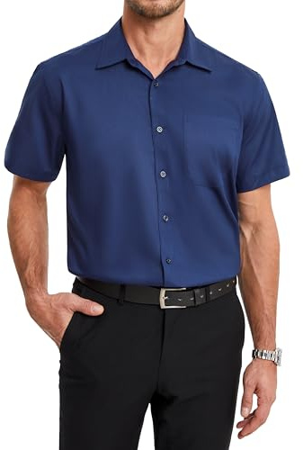 HISDERN Camisa Hombre Manga Corta Vestir Formal Verano Camisas Azul Marino Traje Hombre Elegante Casual Regular Fit con Botónes L